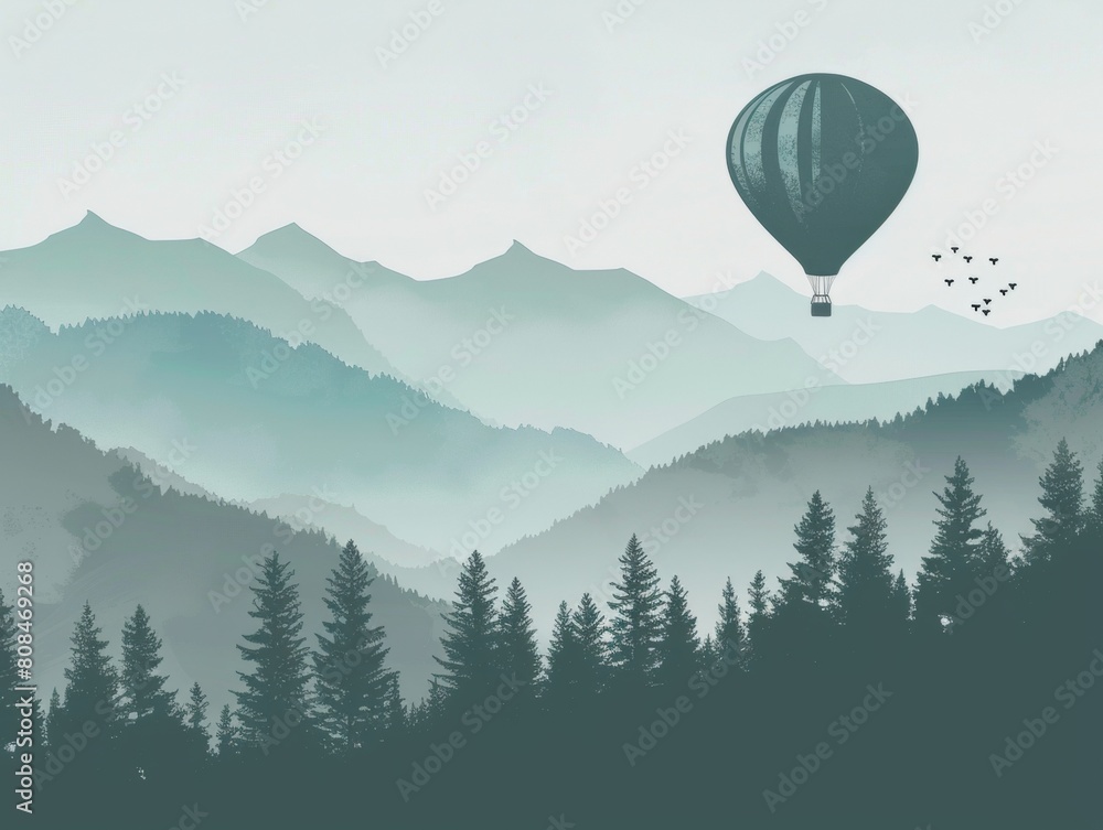 A vector illustration of a hot air balloon floating over forested mountains, with the silhouette of pine trees against a soft blue sky. A vector illustration of a hot air balloon floating over forested mountains, with the silhouette of pine trees against a soft blue sky.