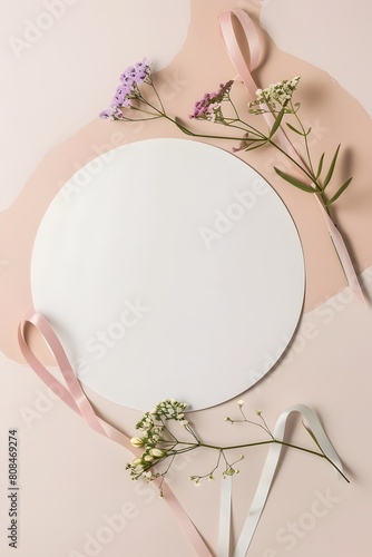 Graceful greeting card invitation isolated empty space adorned with elegant ribbon and flower decoration