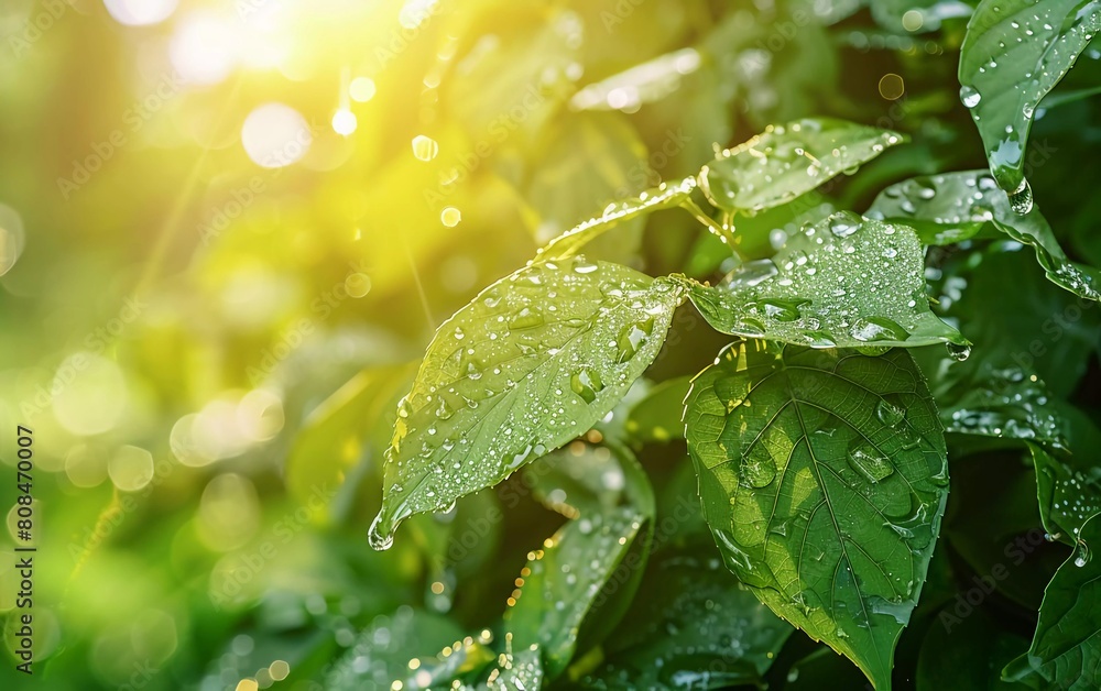 Beautiful transparent water drops on green leaf macro with sun glare. Very charming artistic image Beautiful transparent water drops on green leaf macro with sun glare. Very charming artistic image