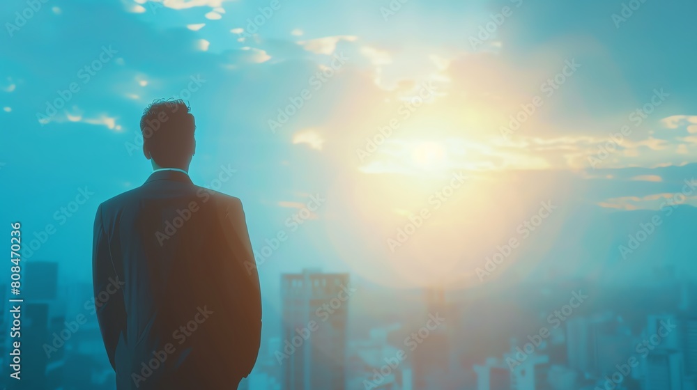 business man looking at the sun on city in the sky, immersive environments, light blue, blurred, stock photo, realistic photography business man looking at the sun on city in the sky, immersive environments, light blue, blurred, stock photo, realistic photography
