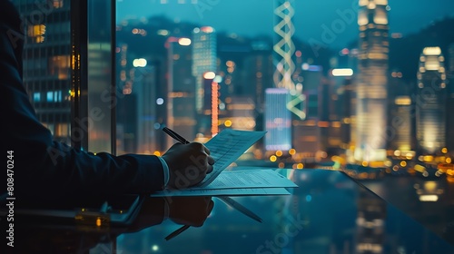 Business person analyzing financial documents, with a city skyline in the background, Documentary Photography style