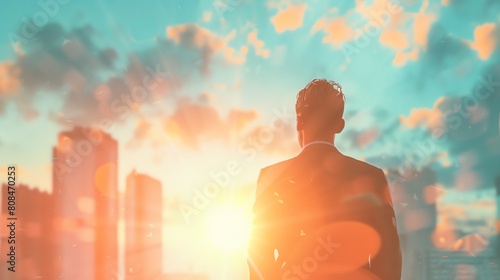 business man looking at the sun on city in the sky, immersive environments, light blue, blurred, stock photo, realistic photography #808470253