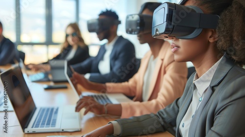 Business professionals engaging in a virtual reality presentation, futuristic and immersive, Documentary Photography style