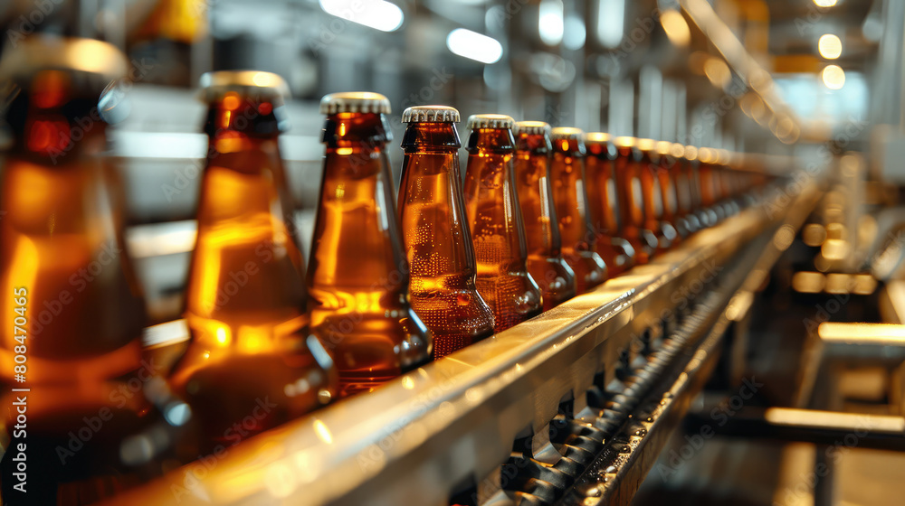 Row of Beer Bottles on Conveyor Belt Row of Beer Bottles on Conveyor Belt