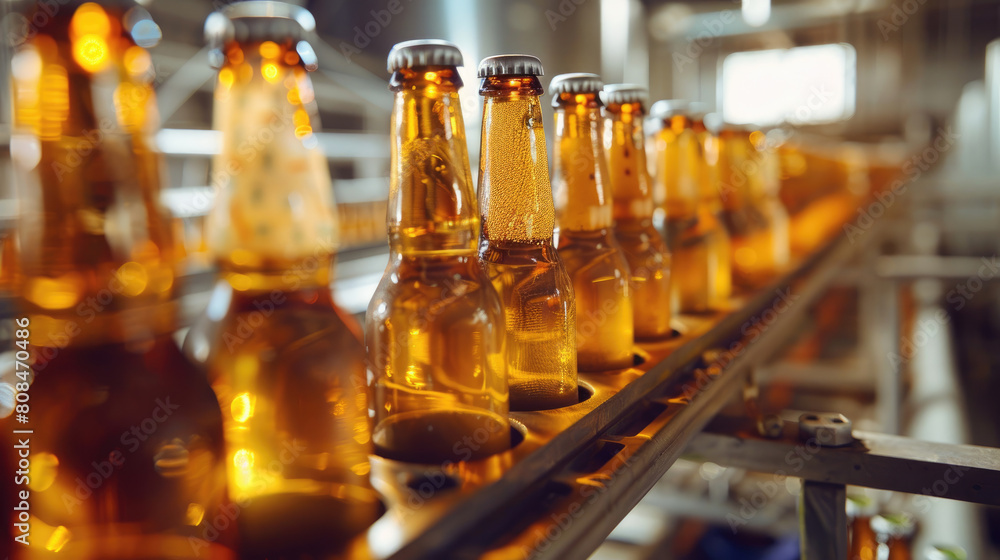 Row of Beer Bottles on Conveyor Belt Row of Beer Bottles on Conveyor Belt