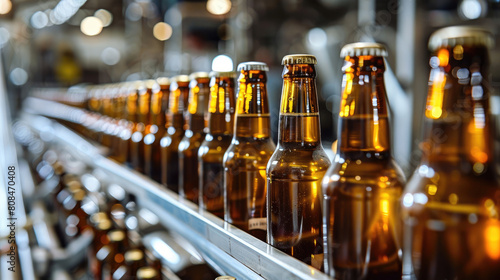 Row of Beer Bottles on Conveyor Belt