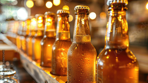 Row of Beer Bottles on Conveyor Belt