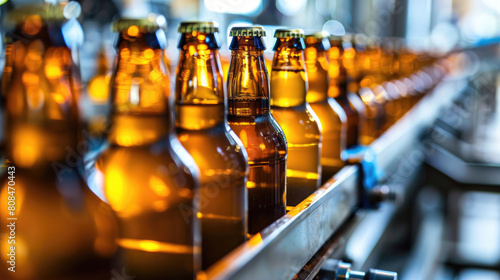 Row of Beer Bottles on Conveyor Belt