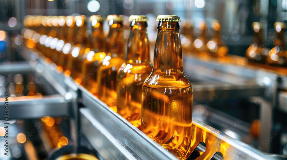 Row of Beer Bottles on Conveyor Belt Row of Beer Bottles on Conveyor Belt