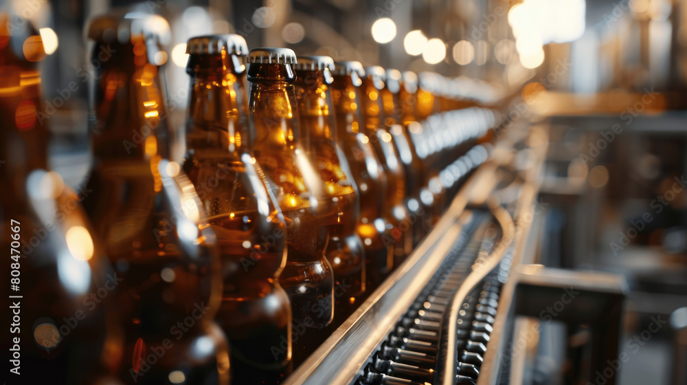 Row of Beer Bottles on Conveyor Belt Row of Beer Bottles on Conveyor Belt