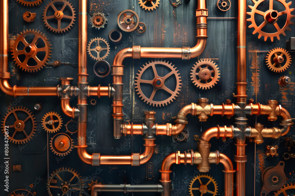 Vászonkép Industrial copper pipes and gears on a dark steampunk background