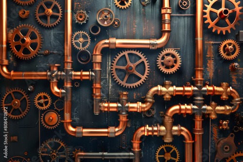 Vászonkép Industrial copper pipes and gears on a dark steampunk background