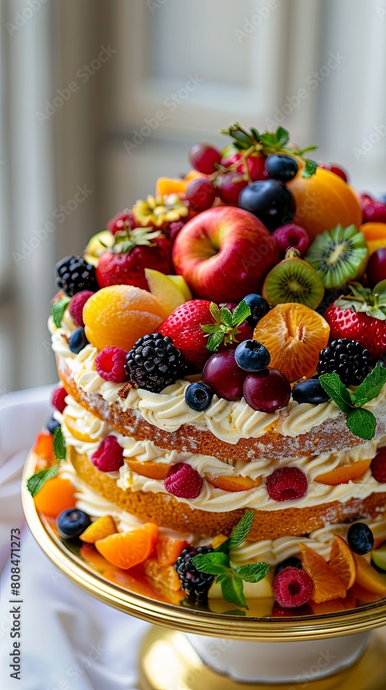Fruit cake with cream and fruit