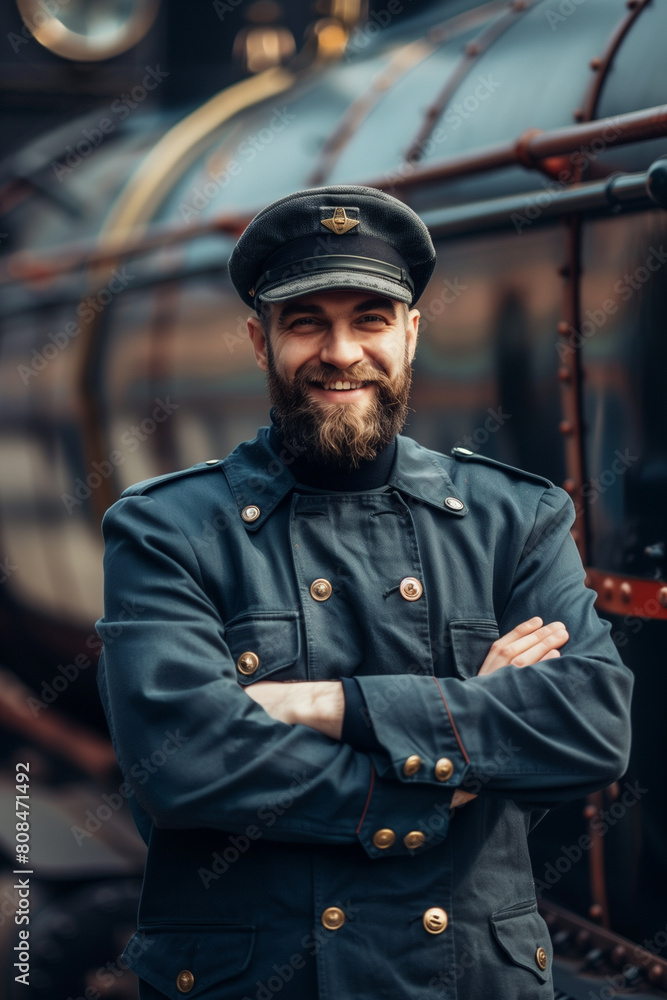 A bearded and smiling train conductor stands with crossed arms in front of a vintage locomotive, exuding confidence and professionalism on a sunny day. A bearded and smiling train conductor stands with crossed arms in front of a vintage locomotive, exuding confidence and professionalism on a sunny day.