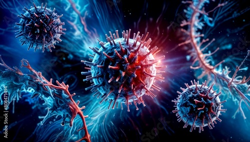 Colorful Close-Up of Coronavirus Particle with Spikes, Blurred Background
