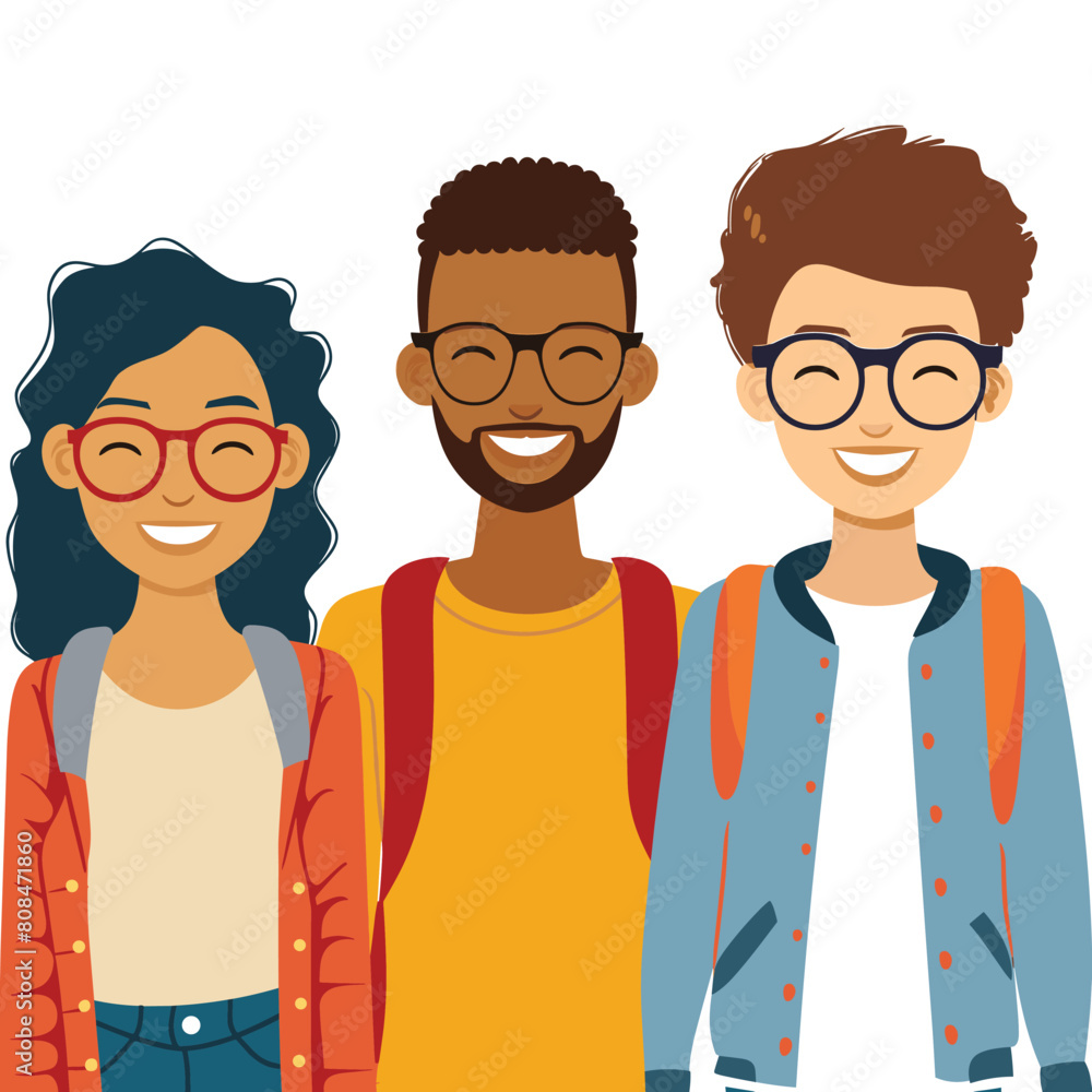 Three young people smiling, friends together, casual fashion. Multiracial group, happy students, diverse ethnicities. Youth, cheerful expressions, standing, contemporary clothing, friendship, vector Three young people smiling, friends together, casual fashion. Multiracial group, happy students, diverse ethnicities. Youth, cheerful expressions, standing, contemporary clothing, friendship, vector