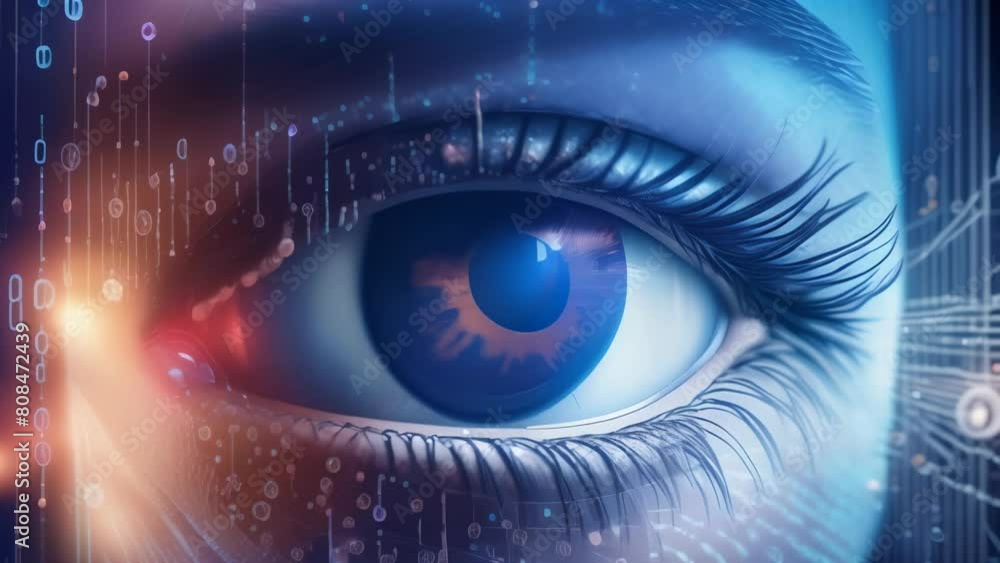 A close-up of a human eye with a digital overlay of data and circuitry, representing the intersection of biology and technology. The blue and brown tones create a sense of mystery and intrigue.
A close-up of a human eye with a digital overlay of data and circuitry, representing the intersection of biology and technology. The blue and brown tones create a sense of mystery and intrigue.
