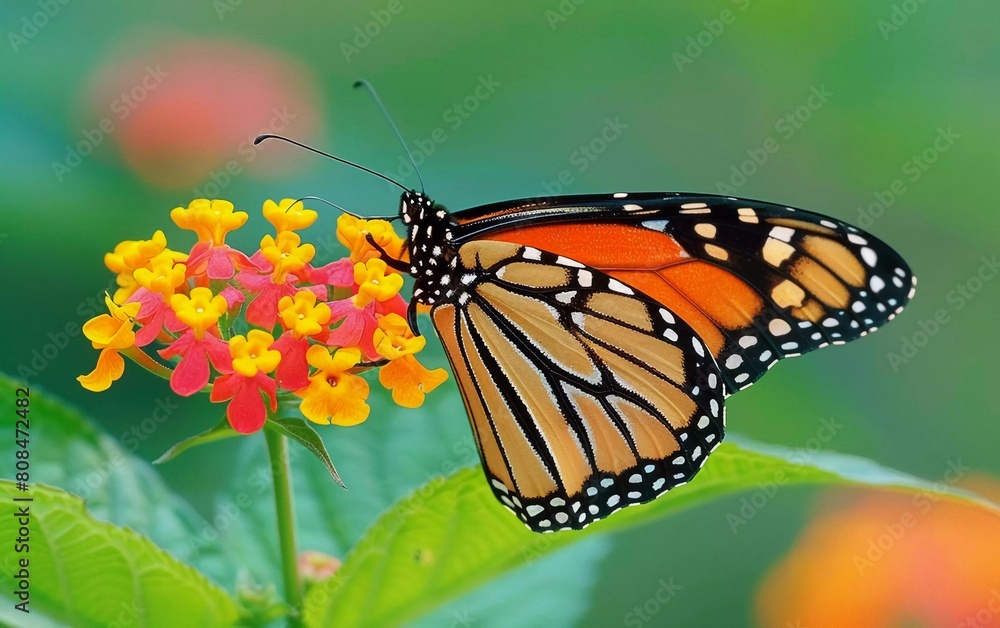 Beautiful images in nature of monarch butterflies on lantana flowers, very beautiful view Beautiful images in nature of monarch butterflies on lantana flowers, very beautiful view