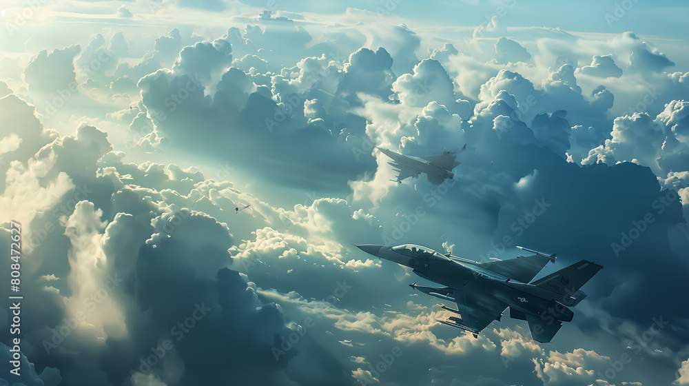 Fototapeta premium Aerial combat between two jet fighters amidst billowing clouds