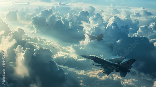 Aerial combat between two jet fighters amidst billowing clouds