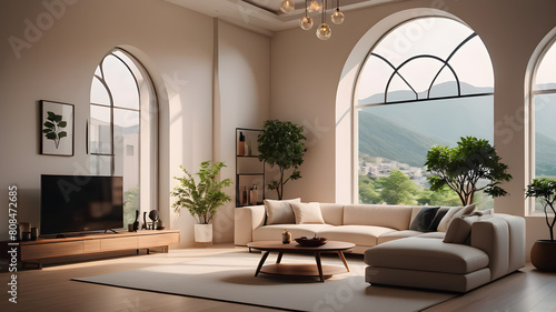 Japandi minimalist interior design of modern living room, home with arch window.png, Japandi minimalist interior design of modern living room, home with arch window