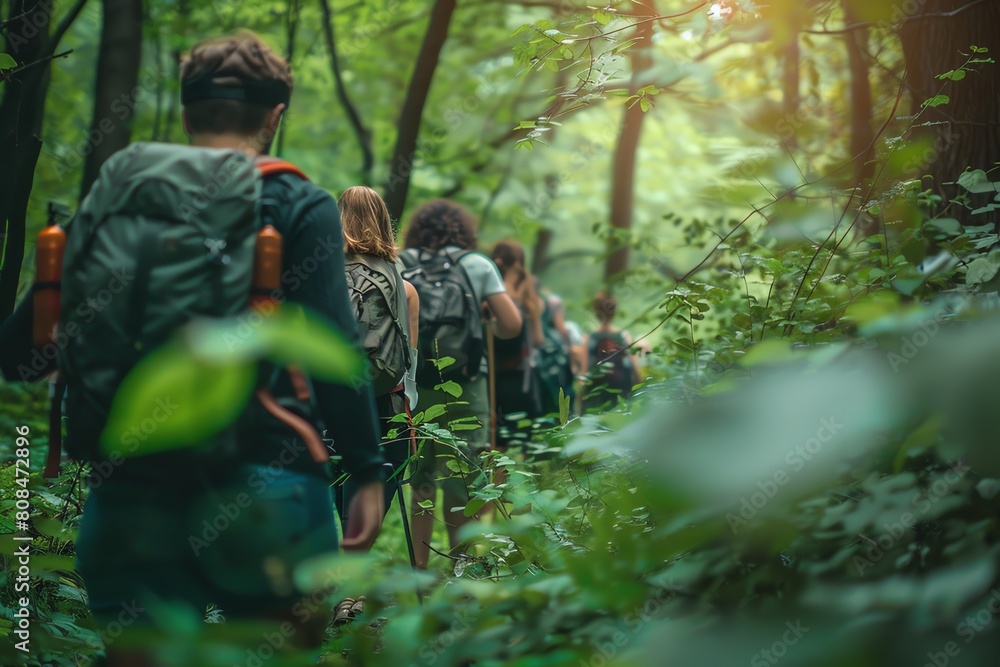 Active lifestyle stock photo of friends hiking in a lush green forest, midaction shot, showing teamwork and adventure, vibrant colors Active lifestyle stock photo of friends hiking in a lush green forest, midaction shot, showing teamwork and adventure, vibrant colors
