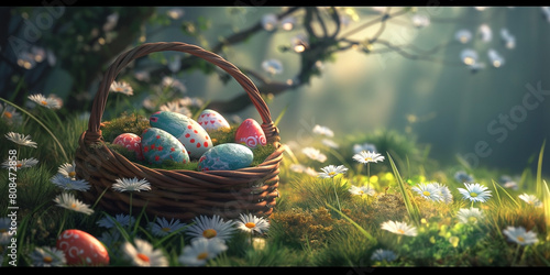Basket of painted easter eggs next to daisies in the spring forest easter. Festive Easter background