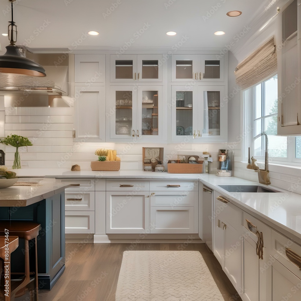 Fototapeta premium A bright and airy kitchen with white cabinets, subway tile backsplash, and a breakfast nook2