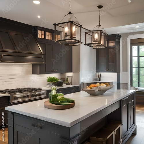 A spacious kitchen with a large island, farmhouse sink, and subway tile backsplash3