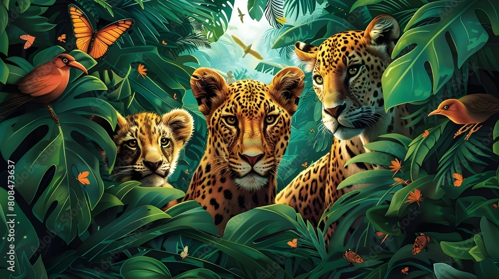 Naklejka premium Leopard family in tropical jungle, art deco print design with leaves and jaguar or cheetah. 3d rendering unique digital art, beautiful wallpaper, vintage style drawing background.