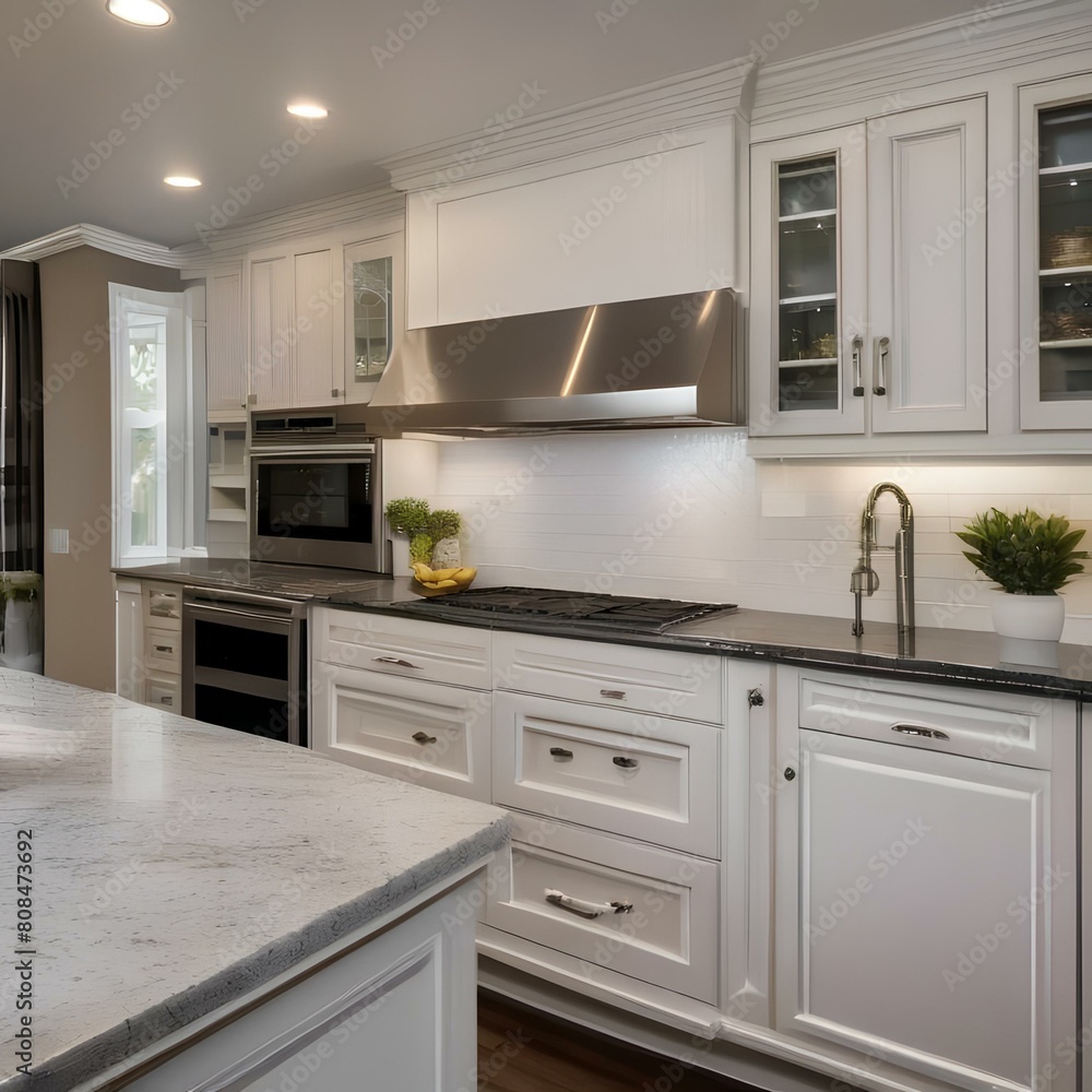 A classic kitchen with white cabinets, granite countertops, and stainless steel appliances3 A classic kitchen with white cabinets, granite countertops, and stainless steel appliances3