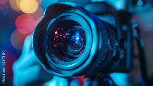 Close-up shot of a DSLR camera lens held by a photographer in soft blue light.