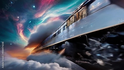 majestic space train hurtles through vibrant nebula clouds photo