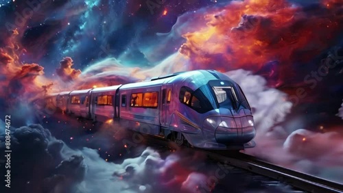 majestic space train hurtles through vibrant nebula clouds photo