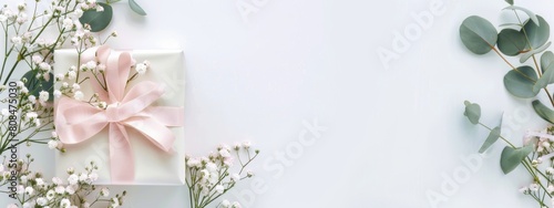 Photo of a ribbon wrapped around an elegant gift on the left side, with baby's breath and eucalyptus leaves scattered across it. photo