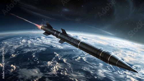 Intercontinental Ballistic Missile Soaring Over a 3D Globe with Dark and Ominous Propaganda-Inspired Tone photo