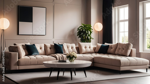 Minimalist interior design of modern living room  home. Villa with corner tufted modular sofa