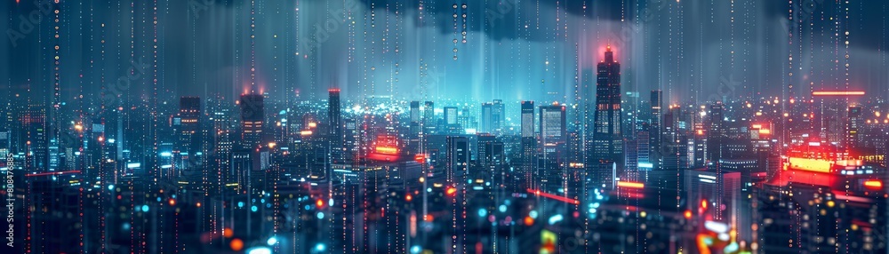 A futuristic cityscape with binary code rain falling, highlighting the digital nature of the environment 8K , high-resolution, ultra HD,up32K HD