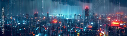 A futuristic cityscape with binary code rain falling, highlighting the digital nature of the environment 8K , high-resolution, ultra HD,up32K HD © ธนากร บัวพรหม