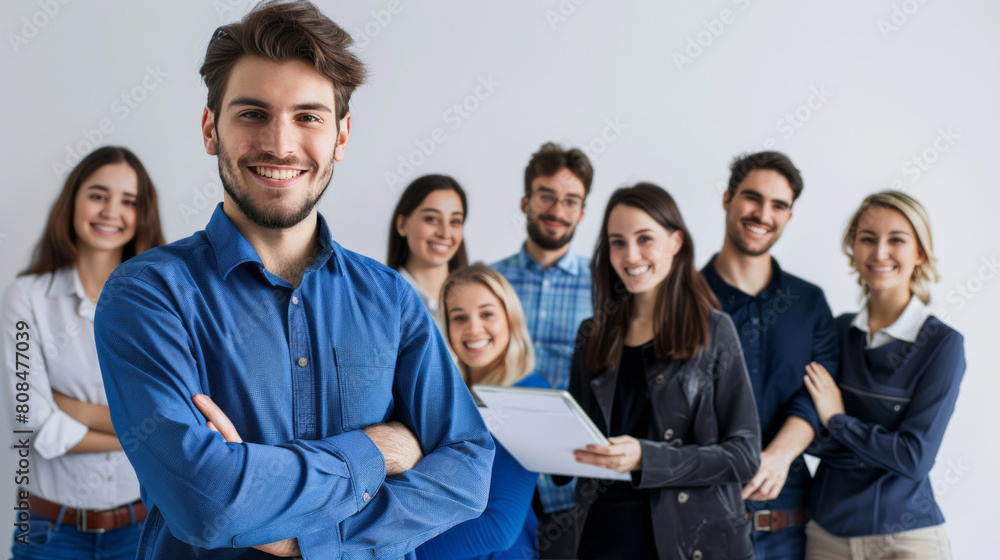 A smiling young man in a blue shirt is standing with a digital tablet and a group of business people at a meeting. A smiling young man in a blue shirt is standing with a digital tablet and a group of business people at a meeting.