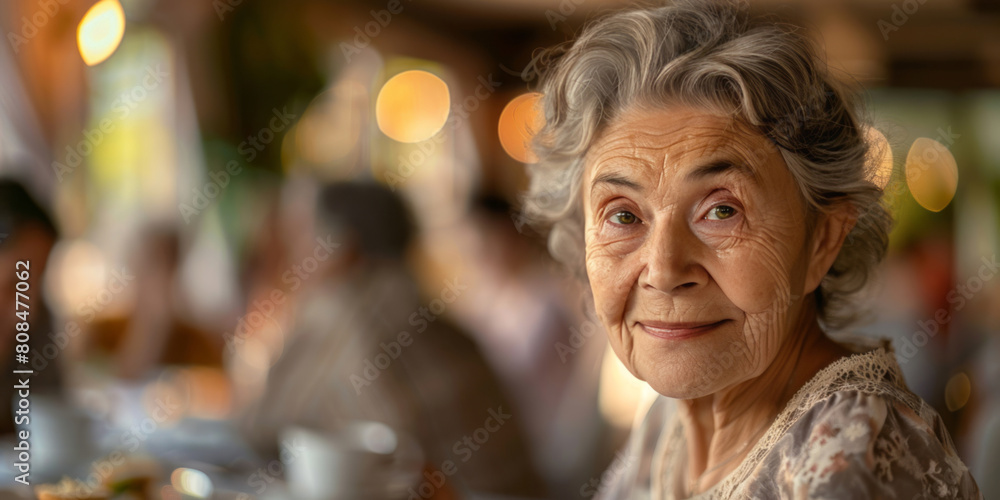 An elderly woman is smiling while sitting at a table in a senior living facility, with a group of people having lunch in the background. An elderly woman is smiling while sitting at a table in a senior living facility, with a group of people having lunch in the background.