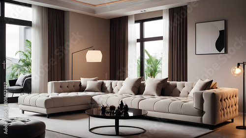 Minimalist interior design of modern living room, home. Villa with corner tufted modular sofa