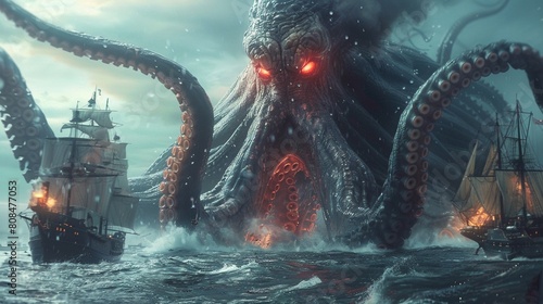 A gigantic sea creature, with features similar to an octopus and glowing red eyes, rises from the ocean, surrounded by ships 8K , high-resolution, ultra HD,up32K HD photo