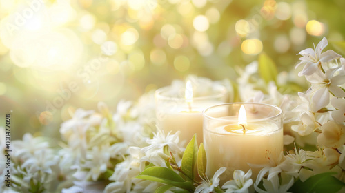 White candles and jasmine blossoms are on a blurred background of a spring garden with sunlight.