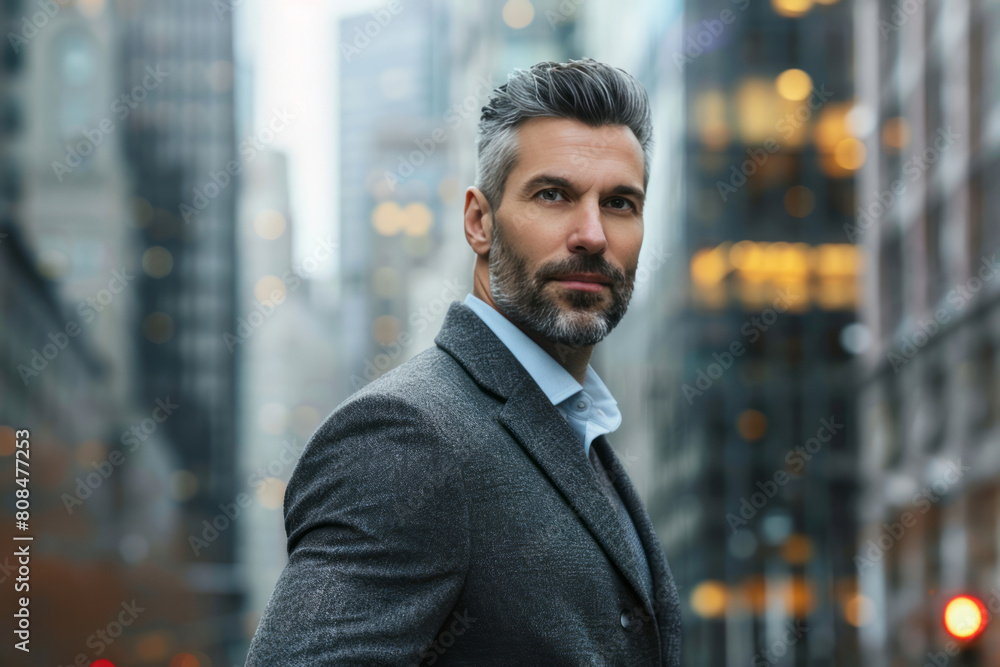 An attractive businessman in his late thirties, wearing business attire, is standing on the street with skyscrapers behind him. An attractive businessman in his late thirties, wearing business attire, is standing on the street with skyscrapers behind him.