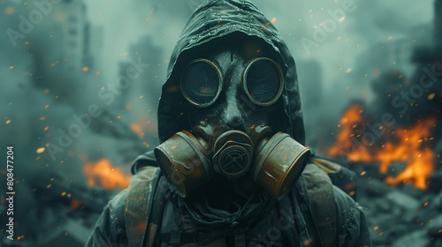 A haunting image of a man wearing a gas mask, surrounded by the destruction of a city in ruins 8K , high-resolution, ultra HD,up32K HD