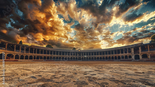 A photo shows an old bullring with the dirt arena in focus. photo