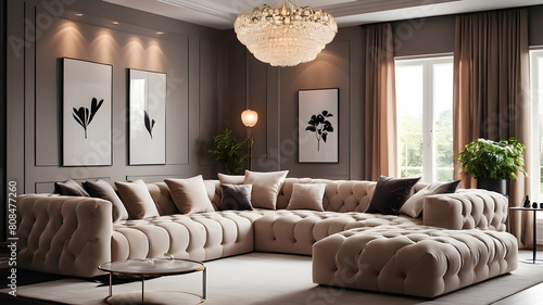 Minimalist interior design of modern living room, home. Villa with corner tufted modular sofa photo