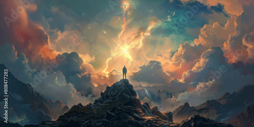 A man is standing on a mountain looking at the sky, with bright light shining down from above with a cross in the center. photo