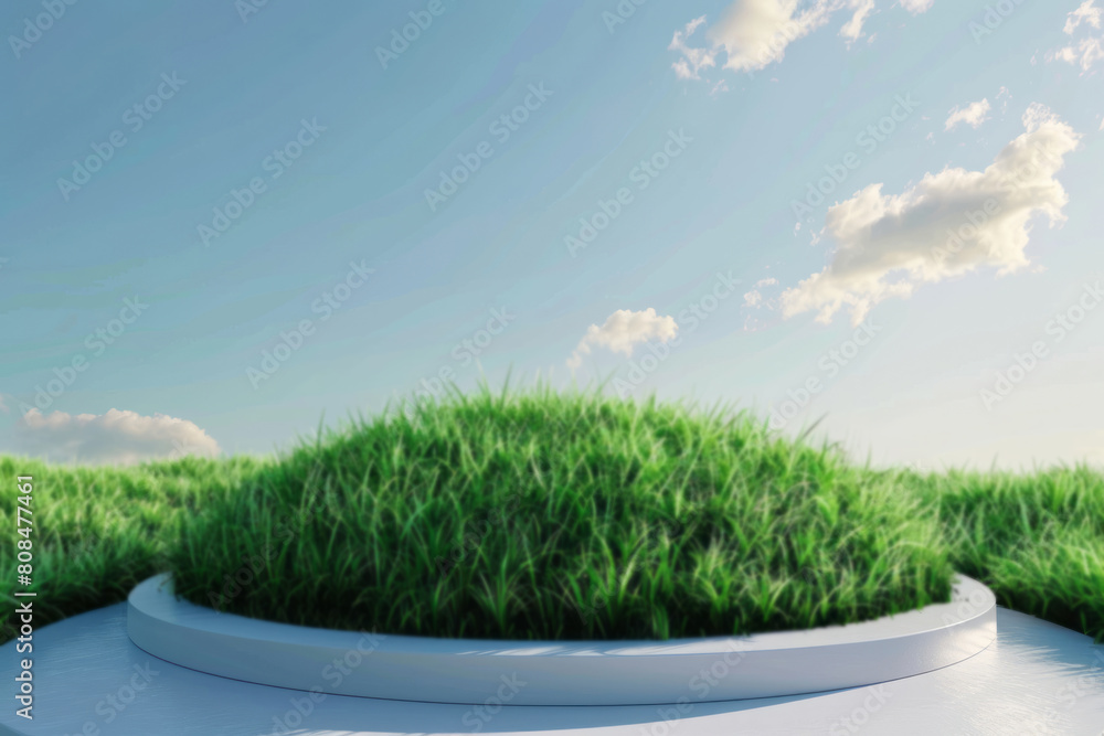 Fototapeta premium Grass covers a white circular podium set against a blue sky.